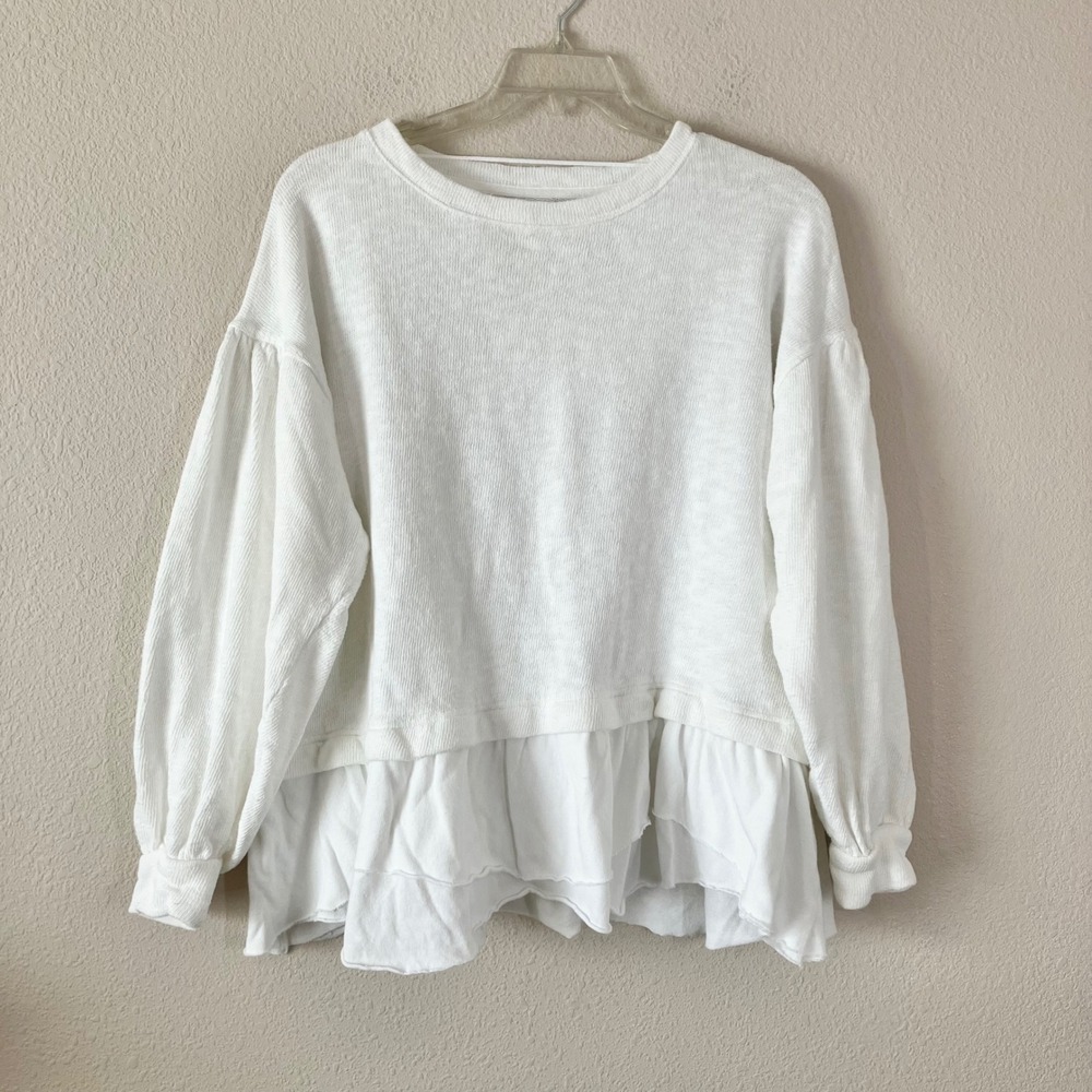 WE THE FREE PEOPLE Maddie Oversized Cotton Sweatshirt S Ruffle Boxy Boho White